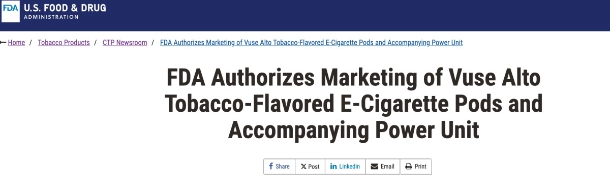 FDA Authorizes Sale of 7 Tobacco Flavored Vuse E-Cigarettes in the US